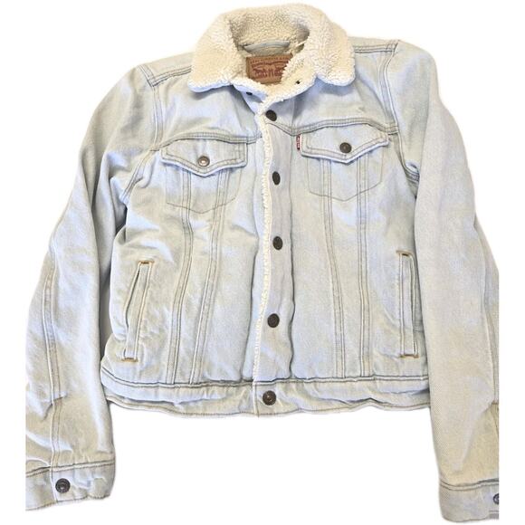 Levi's Sherpa Lined Light Blue Trucker Denim Jacket Size Small Pockets CLEAN - Picture 1 of 16